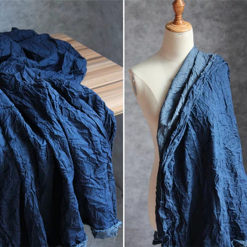 Patchwork Jean Jacket - Blue Pleated Denim Cotton Fabric Microfolds