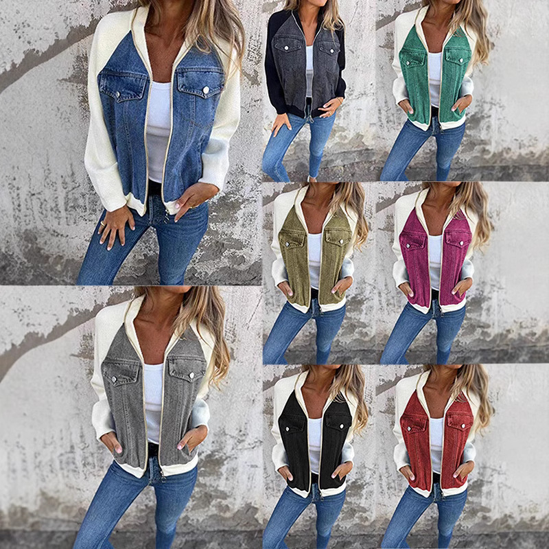 Patchwork Jean Jacket - Women's Patchwork Denim Jackets Contrast Color