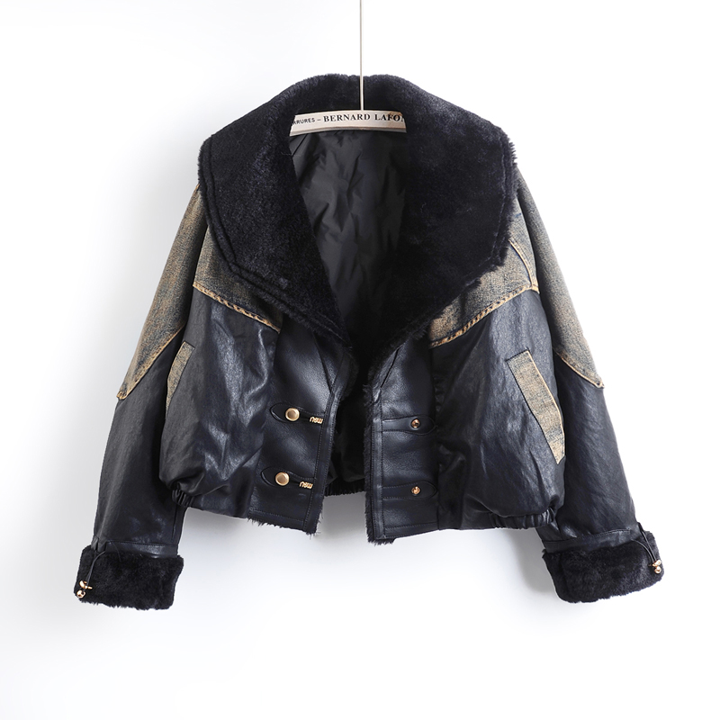 Winter New Fashion Faux Pu Lea - مراجعة Patchwork Jean Jacket وسعره