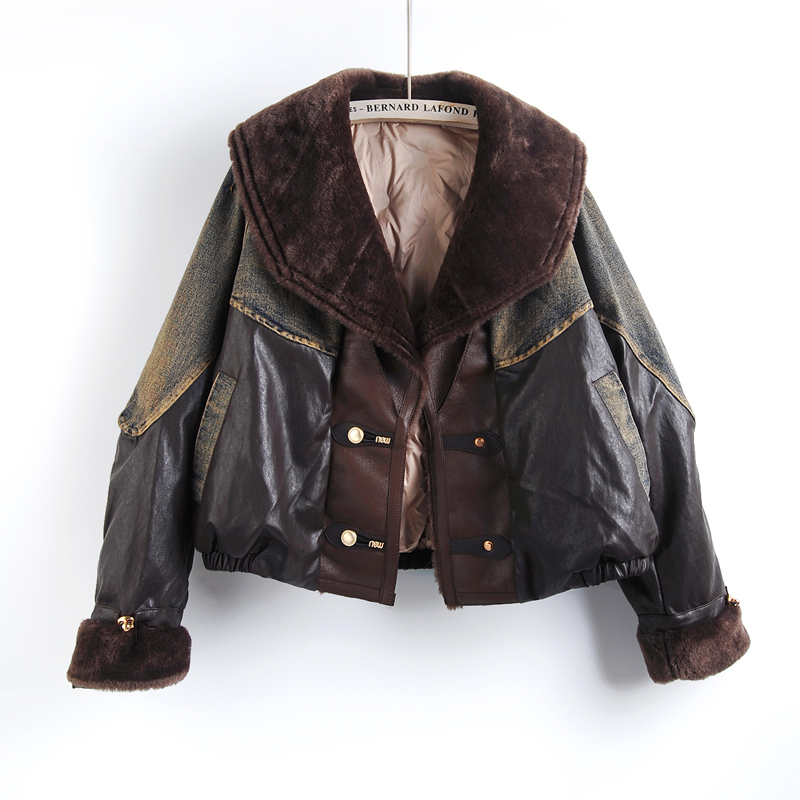 Winter New Fashion Faux Pu Lea - مراجعة Patchwork Jean Jacket وسعره