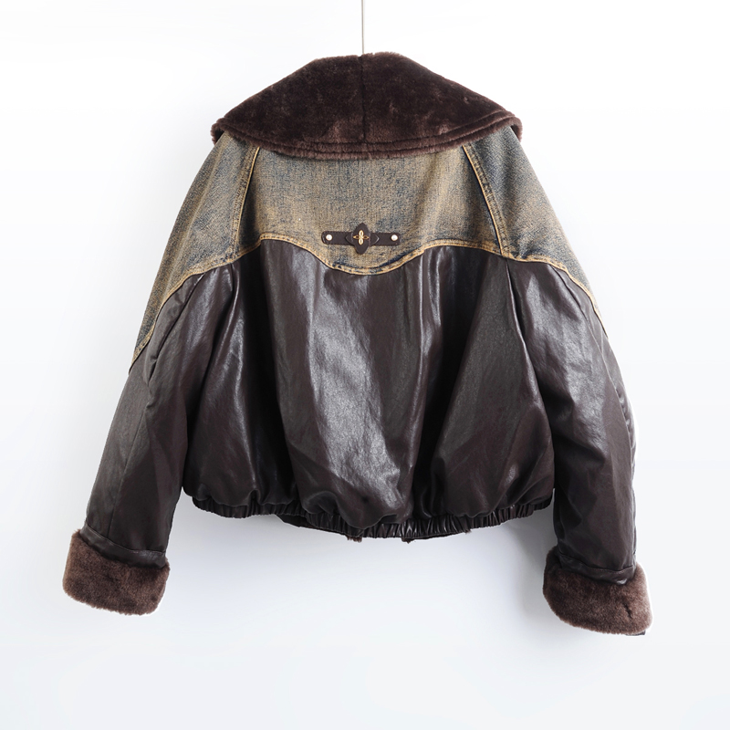 Winter New Fashion Faux Pu Lea - مراجعة Patchwork Jean Jacket وسعره