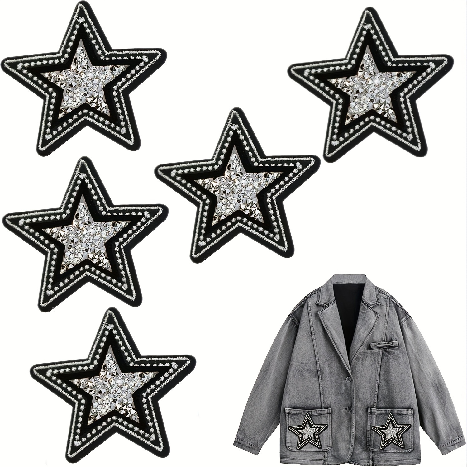 5 PCS Black and White Twinkle  - مراجعة Patchwork Jean Jacket وسعره