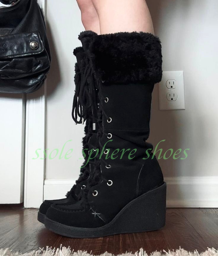 Lady Black Suede Fur Warm Knee - مراجعة Vintage Fashion Boots وسعره