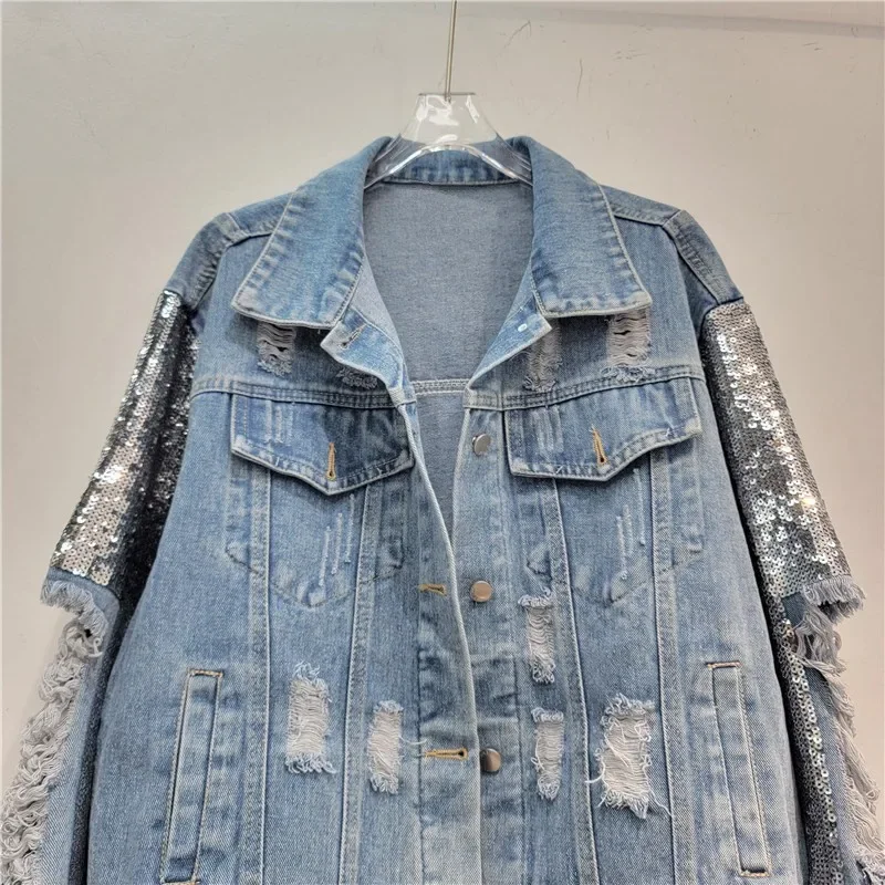 Spring New Fashion Sequin Long - مراجعة Patchwork Jean Jacket وسعره