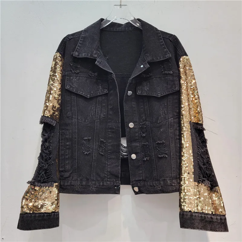 Spring New Fashion Sequin Long - مراجعة Patchwork Jean Jacket وسعره