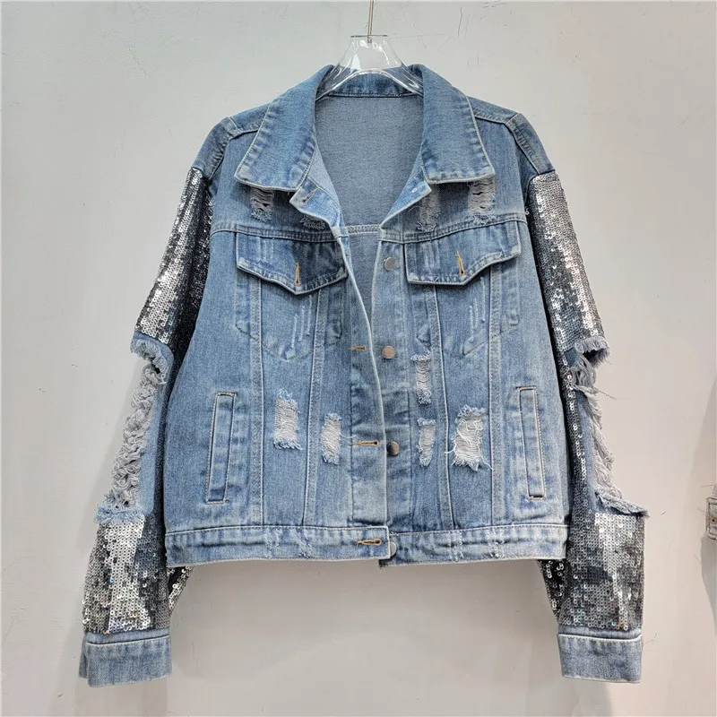 Spring New Fashion Sequin Long - مراجعة Patchwork Jean Jacket وسعره