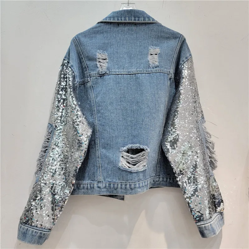 Spring New Fashion Sequin Long - مراجعة Patchwork Jean Jacket وسعره