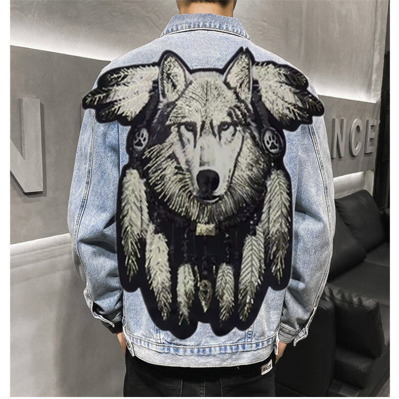 America Vintage Heavy Wolf Emb - مراجعة Patchwork Jean Jacket وسعره